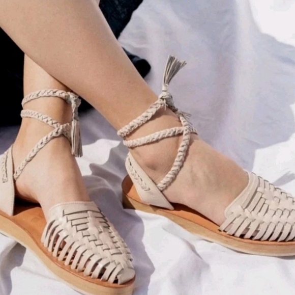 Espiritu Woven Leather Huarache Sandals Tan Ankle Tie Platform Carly Jean Size 8 - Picture 2 of 13